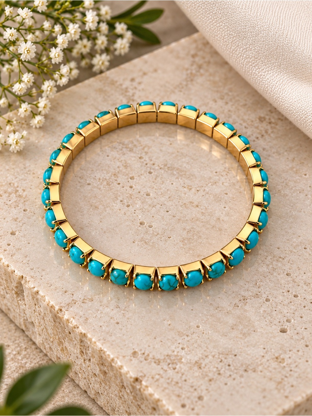 Gold-Tone Turquoise Bead Stretch Bracelet - Women Jewelry